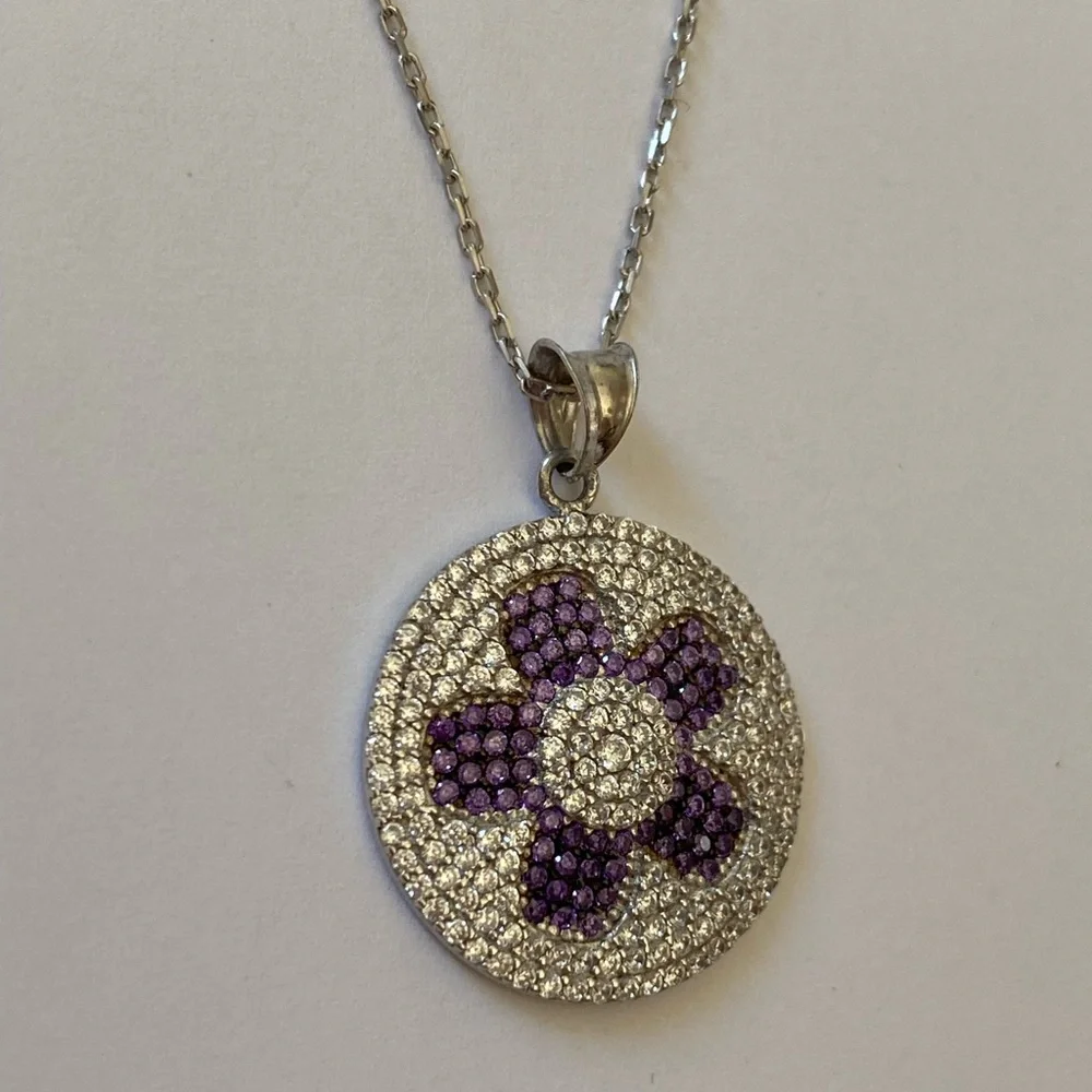 925 Silver purple flower round cz stones necklace